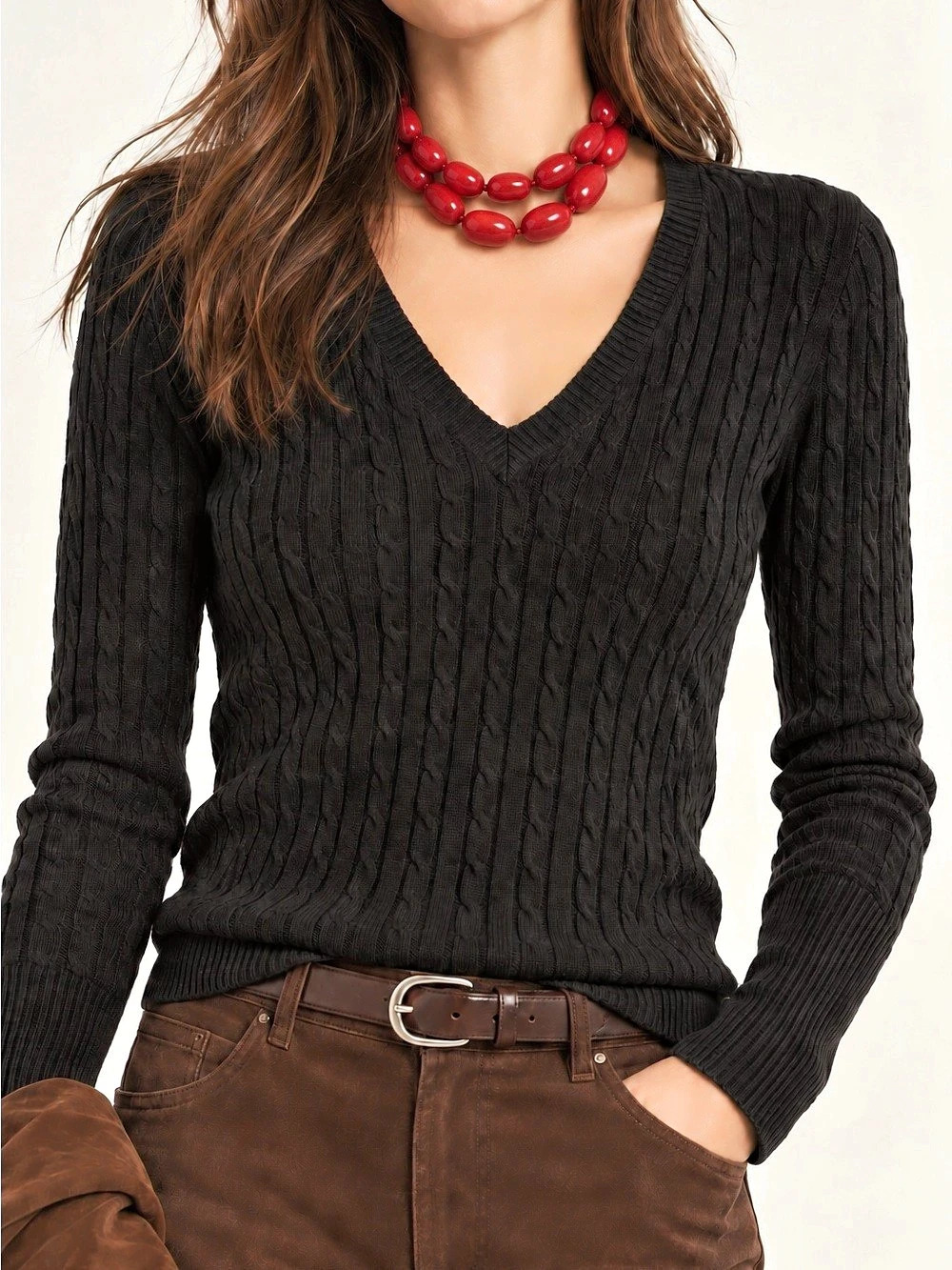J. Crew Women's Black V-Neck Cashmere Blend, Cable Knit Sweater, Size Large.